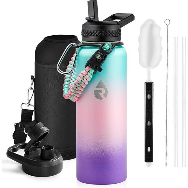 One Gallon Water Bottle Insulated, Triple Walled Vacuum Stainless Steel ), Leak Proof & Non-BPA, Large Water Flask Jug with Paracord Handle & Straw Spout Lids