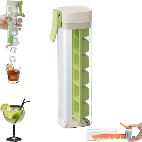 One Glass Ice Maker, 6 Square Ice Cube Mold with Handle – Single-Hand Press, Portable for Travel, Office & Home