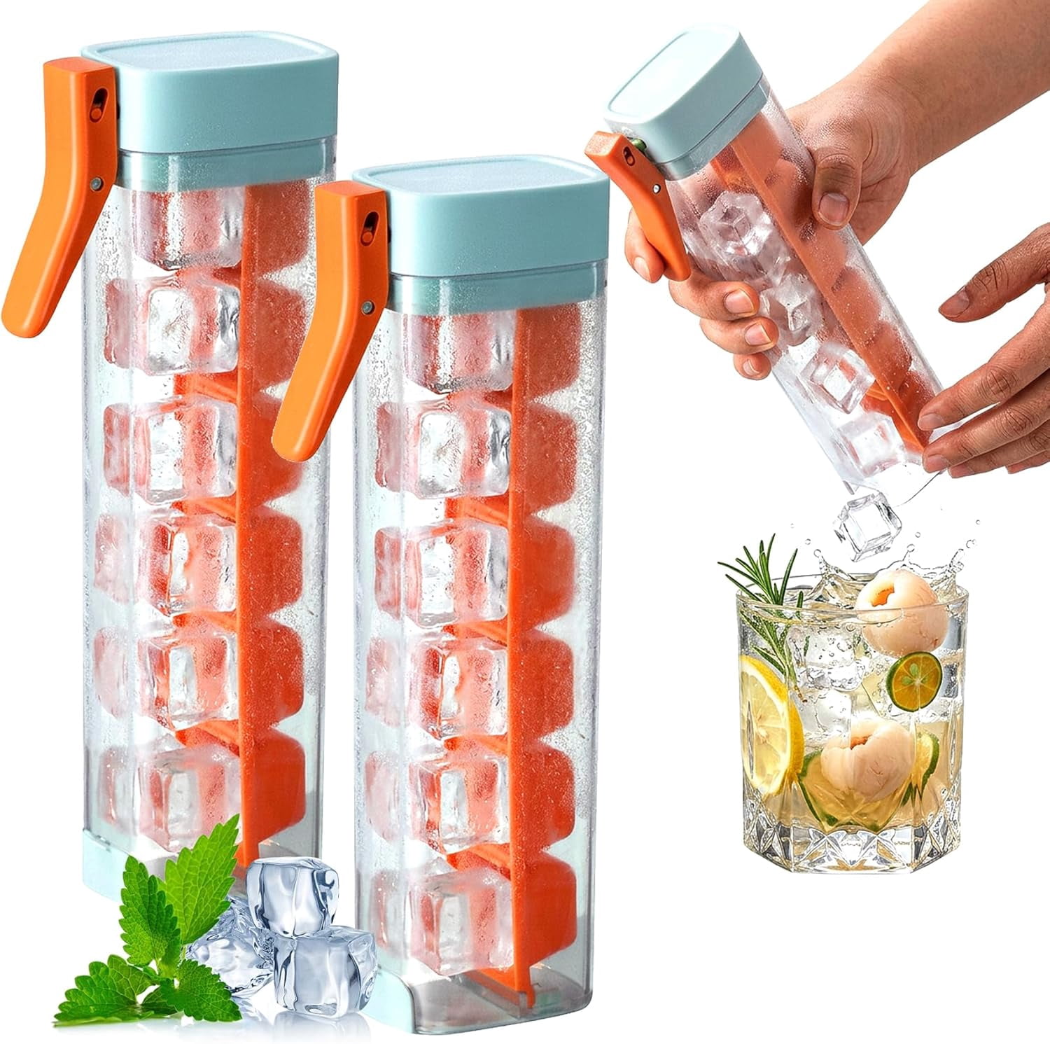 One Glass Ice Maker - Ice Cube Mold with One Hand Press (Orange*2)
