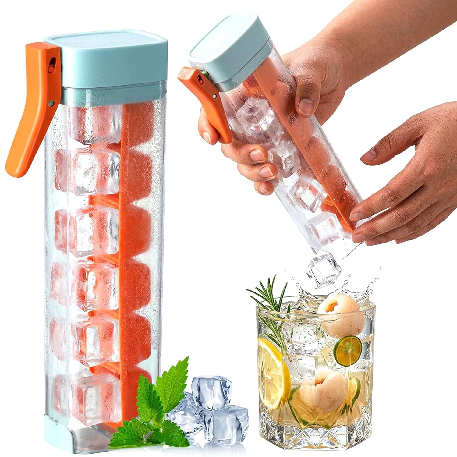 One Glass Ice Maker - Ice Cube Mold with One Hand Press (Orange)
