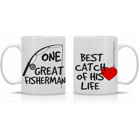 One Great Fisherman, Best Catch Of His Life Couples Mug - Funny Couple Mug - (2) 11OZ Coffee Mug - Funny Mug Gift Set - Mugs For Husband and Wife - Him And Her Gifts - By