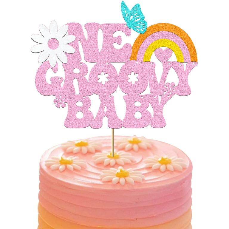 One Groovy Cake SCH4 Topper Decoration Glitter Pink First Decorations for 1st Birthday Girl Boy Baby Shower Retro Boho Rainbow Hippie Daisy Party Supplies