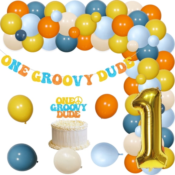 One Groovy Dude Birthday Decorations,Yellow Orange Blue Balloon Garland Arch KitOne Groovy Dude Letter Banner and Cake Topper for Baby Boy Girl First Birthday Party Supplies Decor.