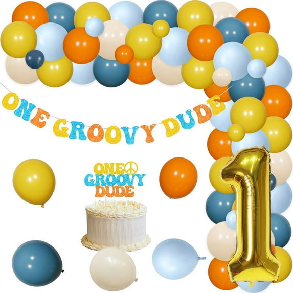 One Groovy Dude Birthday Decorations,Yellow Orange Blue Balloon Garland Arch Kit,One Groovy Dude Letter Banner and Cake Topper for Baby Boy Girl First Birthday Party Supplies Decor.