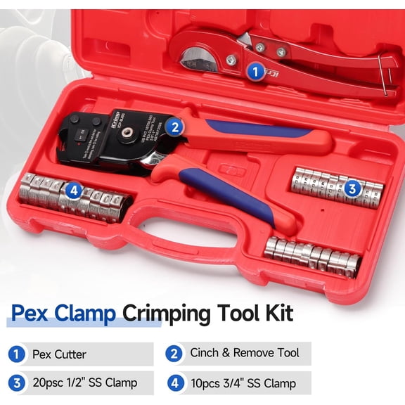 One-Hand PEX Pipe Cinch Tool Kit with Removing Function for 3/8-1 inch Clamp Rings