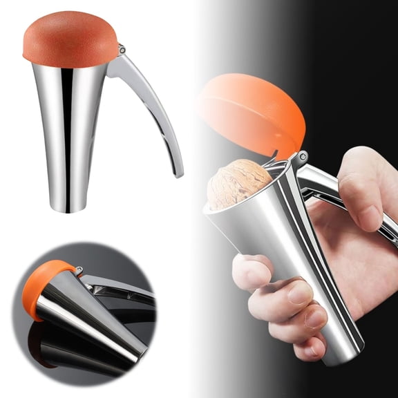 One-Handed Press Nutcracker, Easy Walnut & Pecan Opener with Lever Design, Zinc Ally Kitchen Tool (Silver & Orange)