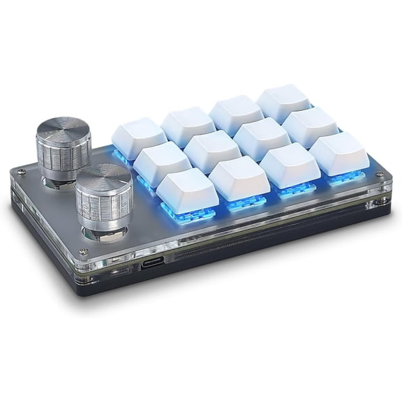 One Handed Programmable Mechanical Keyboard, Portable RGB Gaming PC With 12 Fully Programmable Keys & Knob, Macro for Office Games (White)