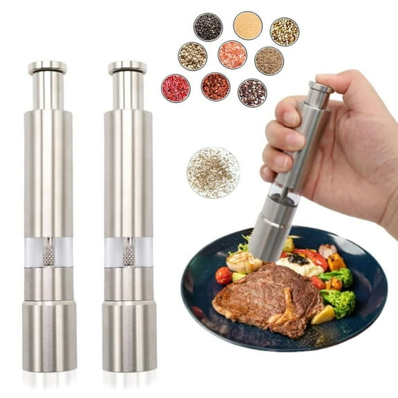 One-Handed Stainless Steel Salt and Pepper Grinder  Refillable Manual Spice Dispenser with Thumb Push Button, Compact & Portable Pepper Mill for Kitchen & Dining