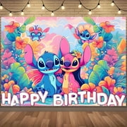 One "Happy Birthday" banner of Stitch and Lilo, a durable polyester party decoration suitable for birthdays, weddings and festivals, suitable for both indoor and outdoor use, no electricity required