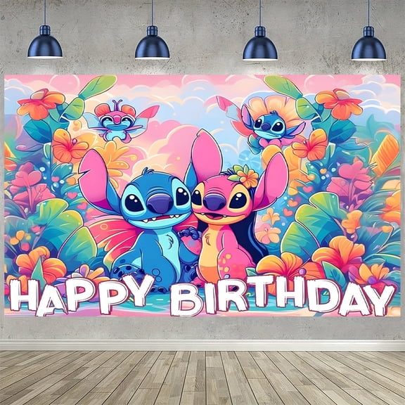 One "Happy Birthday" banner of Stitch and Lilo, a durable polyester party decoration suitable for birthdays, weddings and festivals, suitable for both indoor and outdoor use, no electricity required