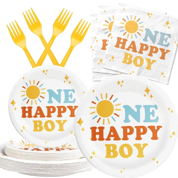 One Happy Boy Birthday Party Supplies for 20 Guests - Sunshine Plates Napkins and Forks - Boys 1st Birthday Disposable Tableware Set Y114