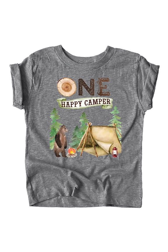 One Happy Camper 1st Birthday Camping Outdoor Themed T-Shirts for Girls and Boys Granite Heather Shirt 12 Months