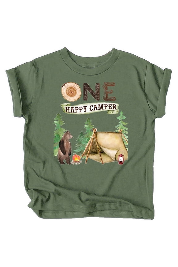 One Happy Camper 1st Birthday Camping Outdoor Themed T-Shirts for Girls and Boys Military Green Shirt 12 Months