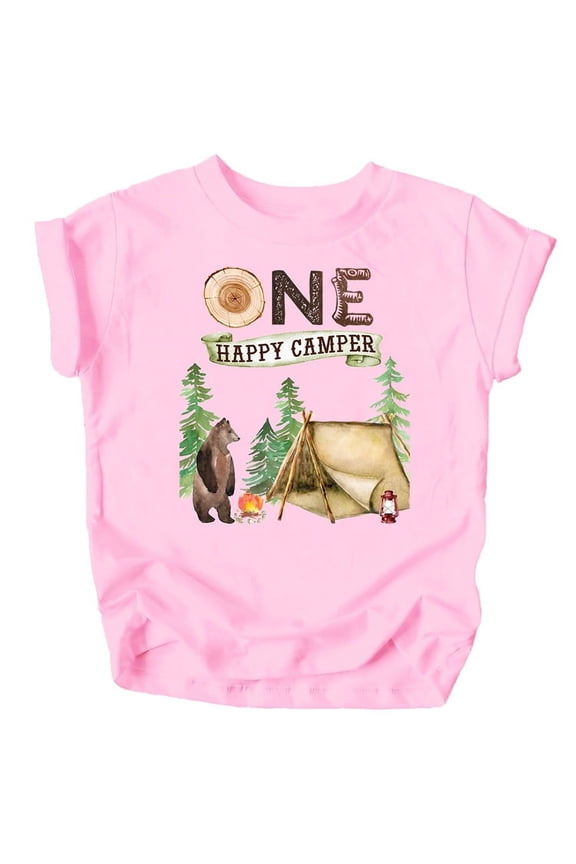 One Happy Camper 1st Birthday Camping Outdoor Themed T-Shirts for Girls and Boys Pink Shirt 18 Months