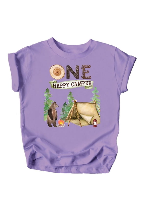 One Happy Camper 1st Birthday Camping Outdoor Themed T-Shirts for Girls and Boys Purple Shirt 18 Months