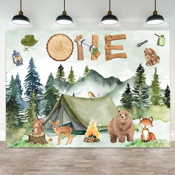 One Happy Camper Backdrop Boy's 1st Birthday Party Photography Background Forest Camping Adventure First Birthday Decorations Woodland Animal Bear Wild One Photo Booth Props