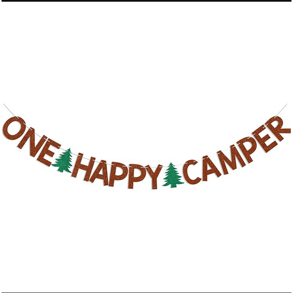 One Happy Camper Banner, Brown Glitter Letters with Green Trees, Camping Theme Party Decoration