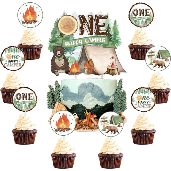 One Happy Camper Birthday Decorations 25PCS Happy Camper Cake Toppers for Boys Girls Camper Cake Decorations One Happy Camper Cake Toppers Camper Forest Camping Adventure Safari