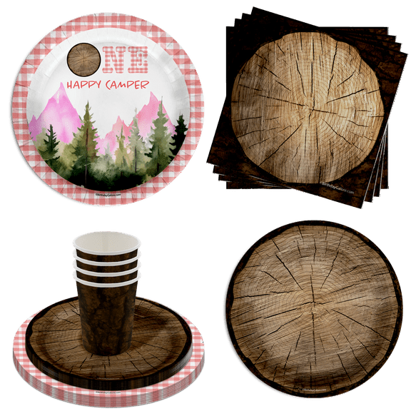One Happy Camper Girl's 1st Birthday Party Supplies 64 Piece Tableware Set Includes Large 9" Paper Plates Dessert Plates, Cups and Napkins Kit for 16