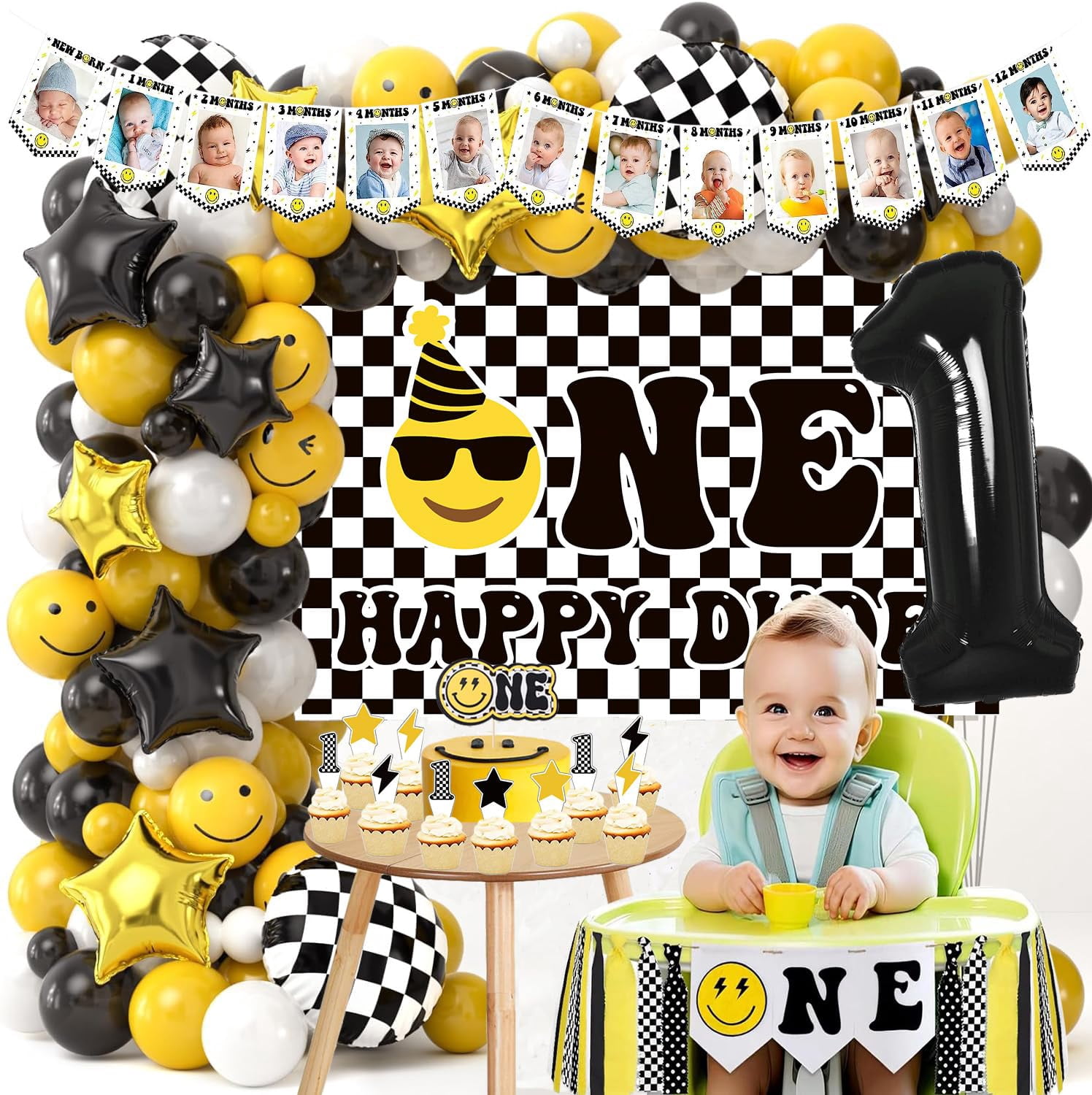 "One Happy Dude" 1st Birthday Party Decorations Kit - Backdrop, Banner, Balloons, Crown, Cake Topper & More