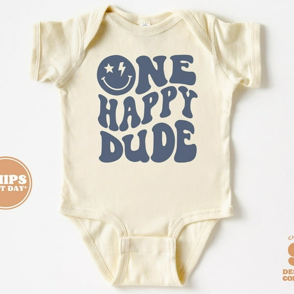 One Happy Dude 1St Birthday Baby Bodysuit, Boy 1St Birthday Bodysuit, Wavy Letters First Birthday Baby Bodysuit Cute Baby Onesie, BABY BODYSUIT LAT 4424