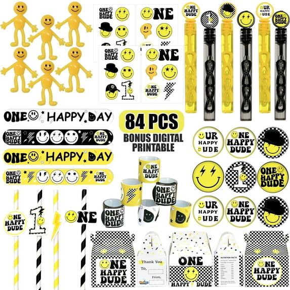 One Happy Dude Party Favor 72 PCS Slap Bracelets Treat Box Stickers Straw Bubble Wand Gift Rewards for Kids One Dude Birthday Supply