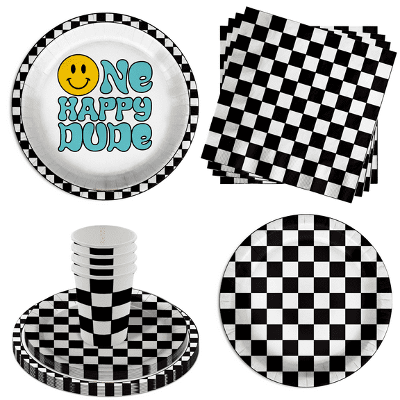 One Happy Dude Smiley Face 1st Birthday Party Supplies 64 Piece Tableware Set Includes Large 9" Dinner Plate and Small Dessert Plates Cups and Napkins Tableware Kit for 16
