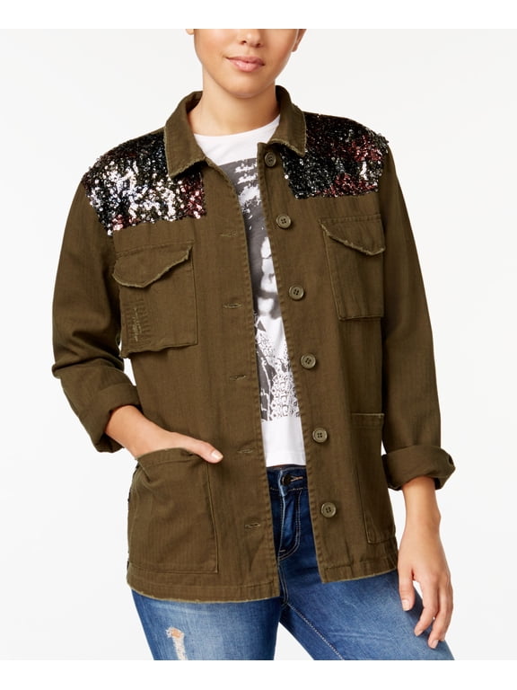 Juniors' Sequin-Trim Military Jacket Forest Night M