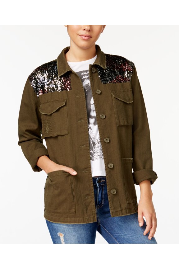 Juniors' Sequin-Trim Military Jacket (Military Olive, M)