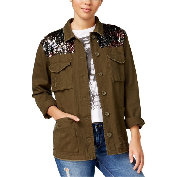 One Hart Womens Sequin-Trim Military Jacket, Green, Large