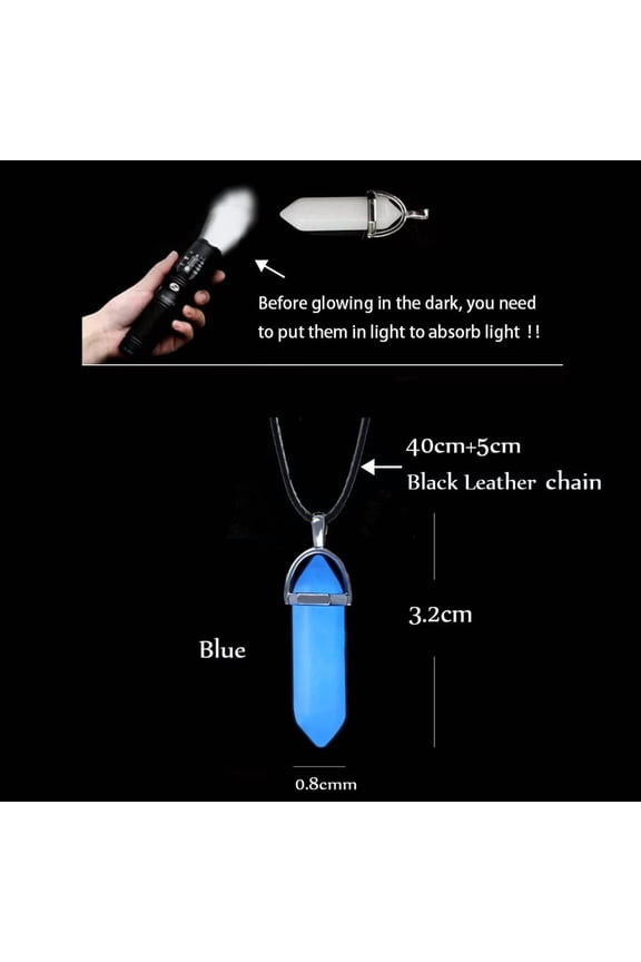 [One Hexagonal Fluorescent Column Necklace] Dark Luminous Stone Fluorescent Hexagonal Column Necklace, Natural Crystal Glowing In Dark Bullet Stone Pendant Necklace, Bullet Stone Pendant Leather,Blue