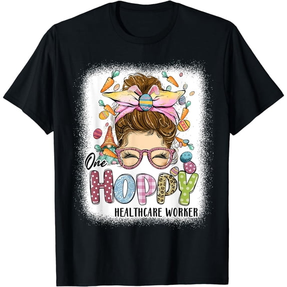 One Hoppy Healthcare Worker Leopard Bunny Messy Bun Easter T-Shirt
