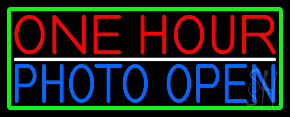 One Hour Photo Open With Green Border LED Neon Sign 13 x 32 - inches, Clear Edge Cut Acrylic Backing, with Dimmer - Bright and Premium built indoor LED Neon Sign for art gallery, and exhibition.