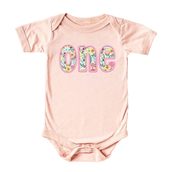 One Ink-Printed Pink Embroidered First Birthday Bodysuit for Baby Girl Floral 1st Birthday Outfit Peach Bodysuit 12 Months