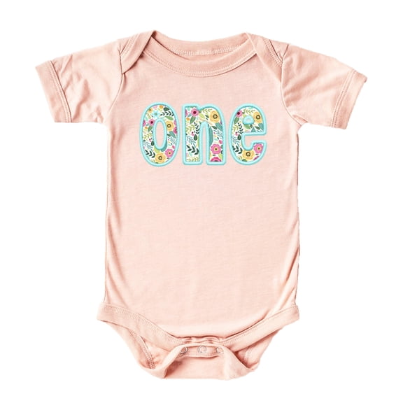 One Ink-Printed Teal Embroidered First Birthday Bodysuit for Baby Girl Floral 1st Birthday Outfit Peach Bodysuit 18 Months