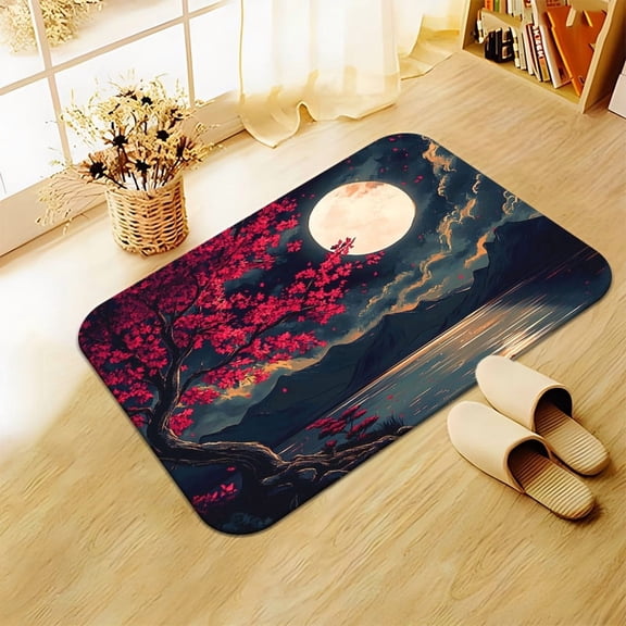 One Japanese-style moon pattern doormat, machine washable microfiber absorbent polyester, rectangular flannel fabric, suitable for outdoor porch, kitchen, living room, bathroom or office decoration.