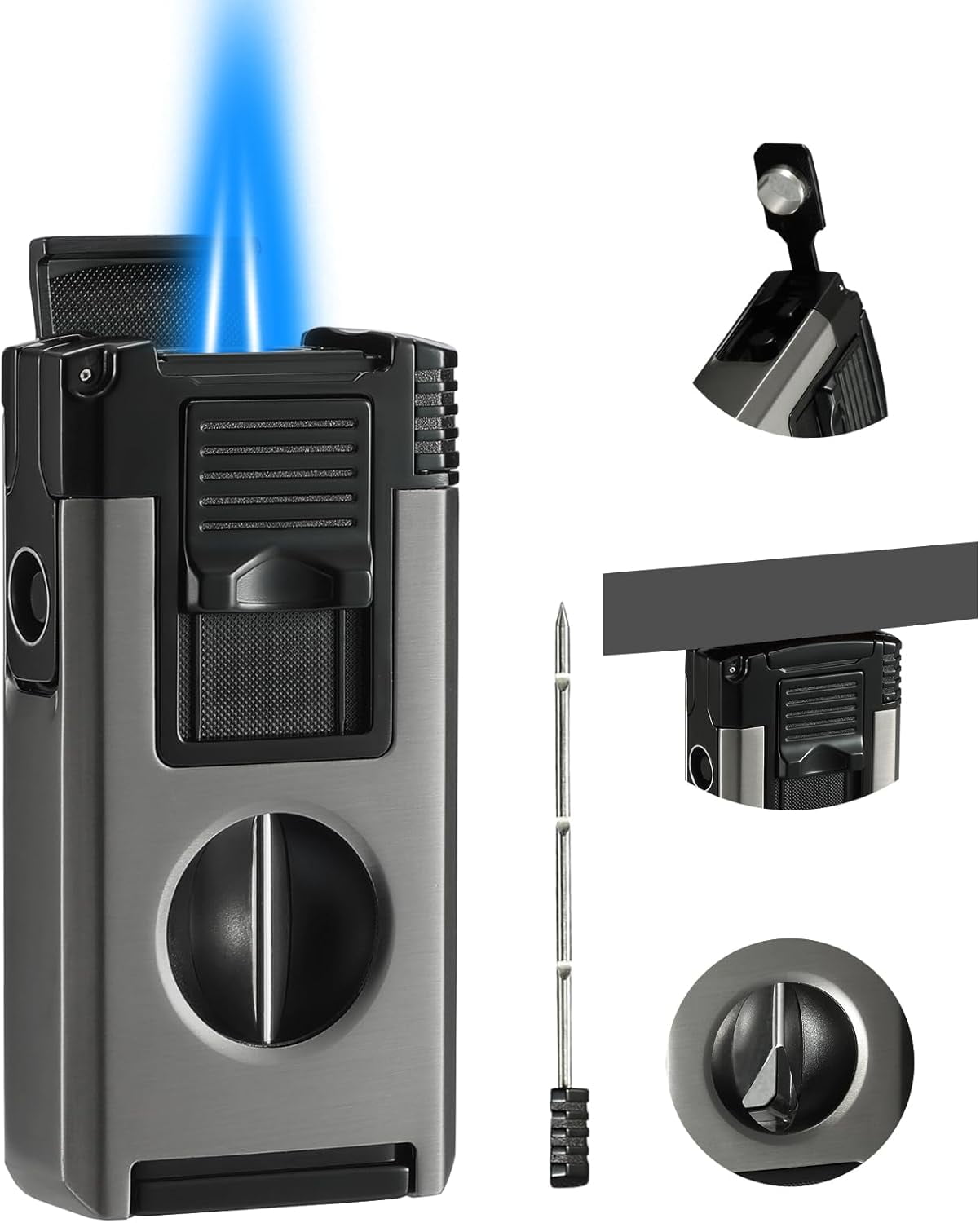 All in One Jet Flame Butane Torch Lighter Built-in Cutter V Cut, Punch, Holder Function, Draw Enhancer Tool, Refillable and Adjustable Windproof Gas Lighter, Black (Sold Without Gas)