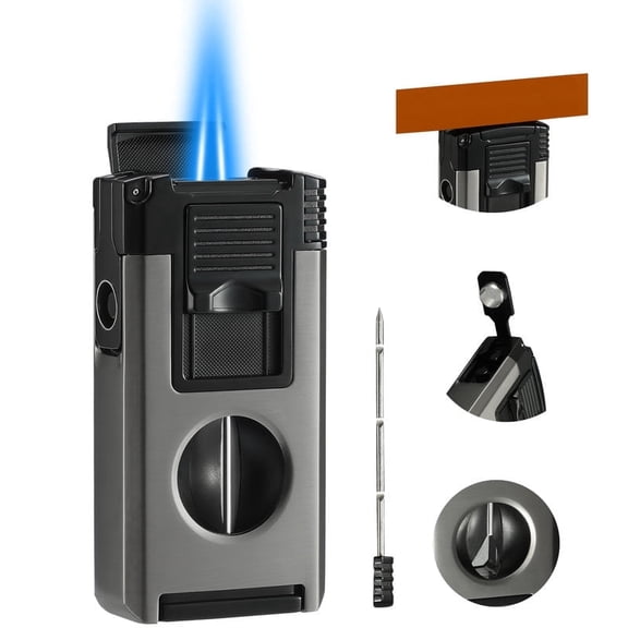 All in One Jet Flame Cigar Torch Lighter Built-in Cigar Cutter V Cut, Punch, Holder Function, Draw Enhancer Tool, Refillable and Adjustable Butane Lighter, Black and Grey (Sold Without Gas) 