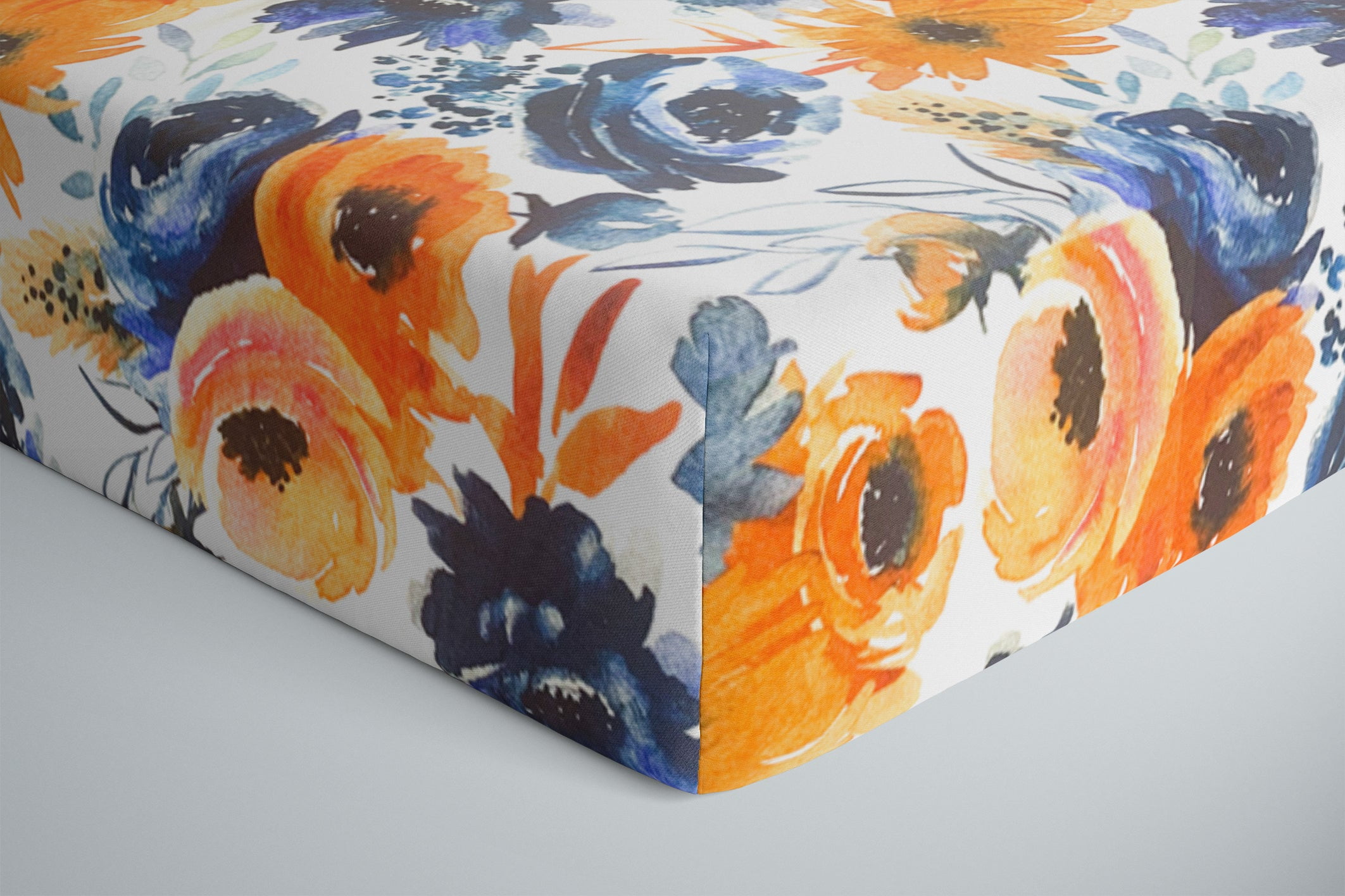 One Kind Premium Bamboo Fitted Crib Sheet for Standard Baby Cribs | Navy Orange Floral
