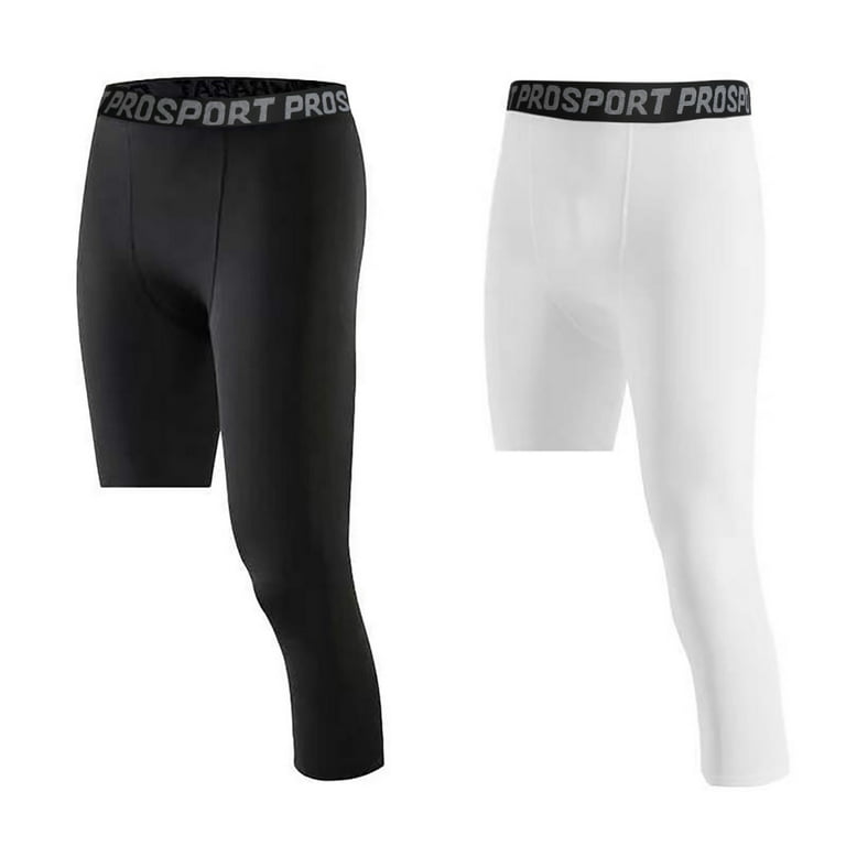 One Leg Compression Capri Tights Pants 2 Packs White Black 2 Colors Men's  3/ 4 Athletic Base Layer Underwear