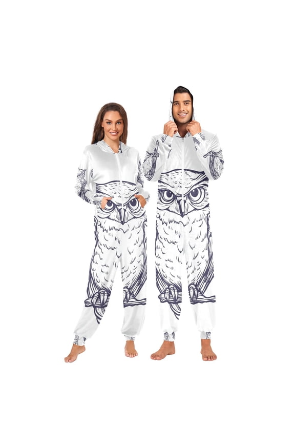 One Line Owls Adult Onesie Pajamas Slim Fit Christmas One Piece Suit Pjs for Women and Men Hooded Zipper