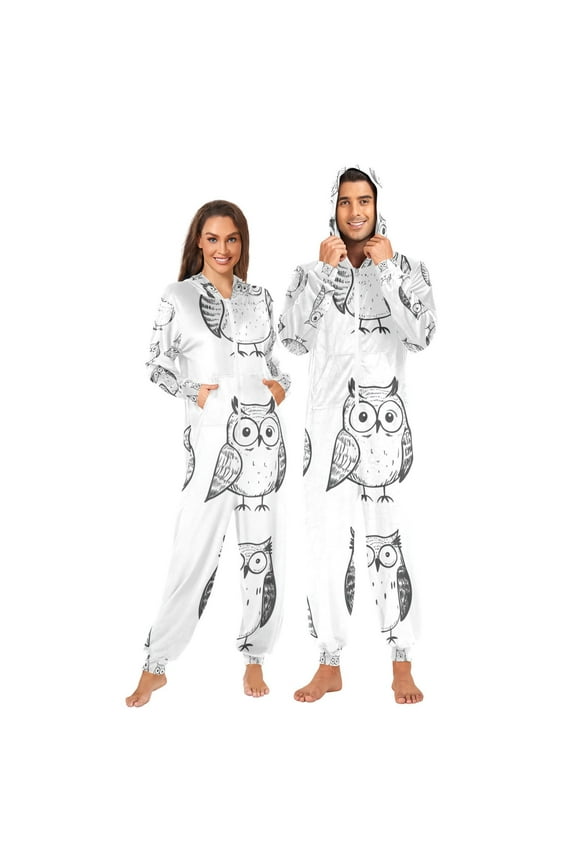 One Line Owls Cartoon Adult Onesie Pajamas Slim Fit Christmas One Piece Suit Pjs for Women and Men Hooded Zipper