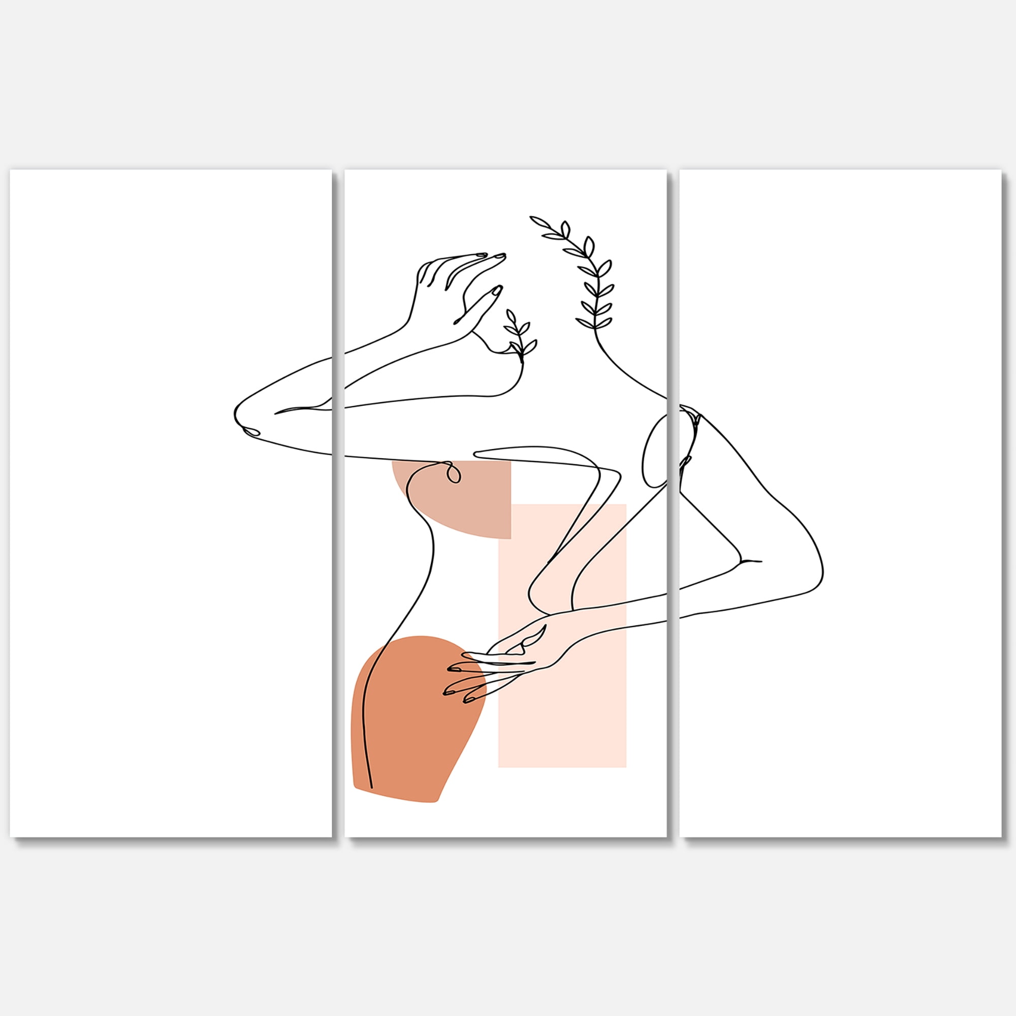 One Line Woman Portrait With Shapes and Leaves II 28 in x 36 in Painting Canvas Art Print, by Designart