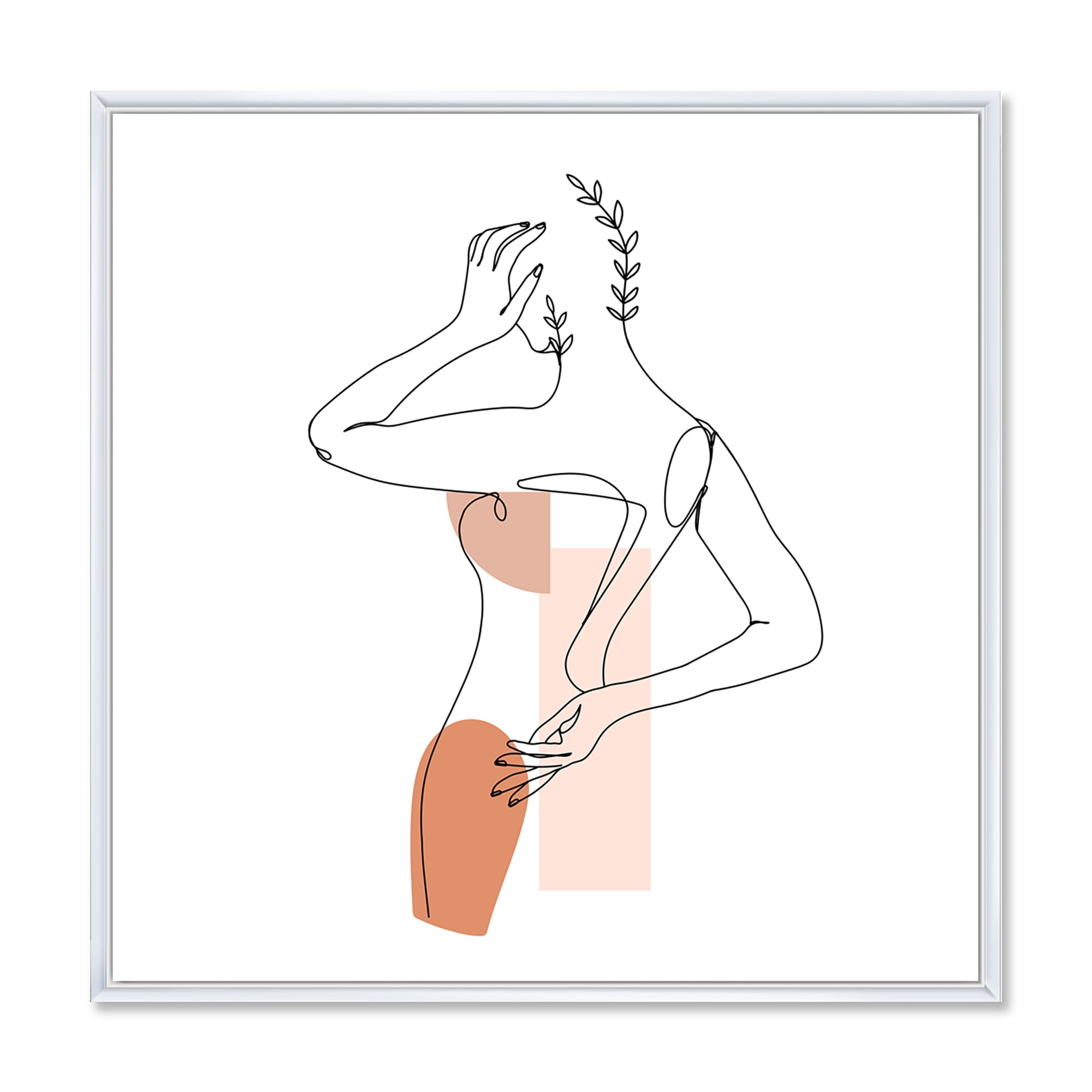 One Line Woman Portrait With Shapes and Leaves II 30 in x 30 in Framed Painting Canvas Art Print, by Designart