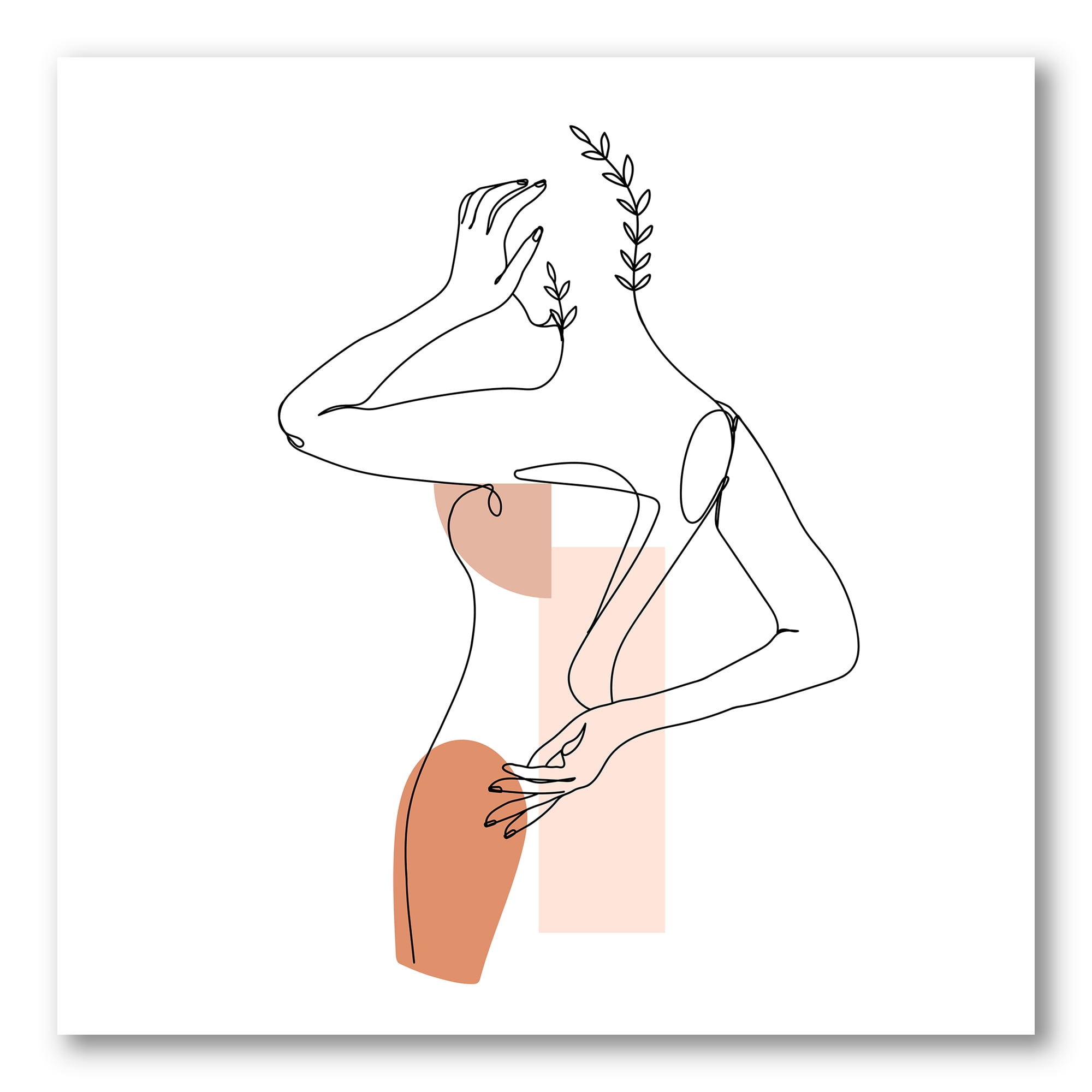 One Line Woman Portrait With Shapes and Leaves II 30 in x 30 in Painting Canvas Art Print, by Designart