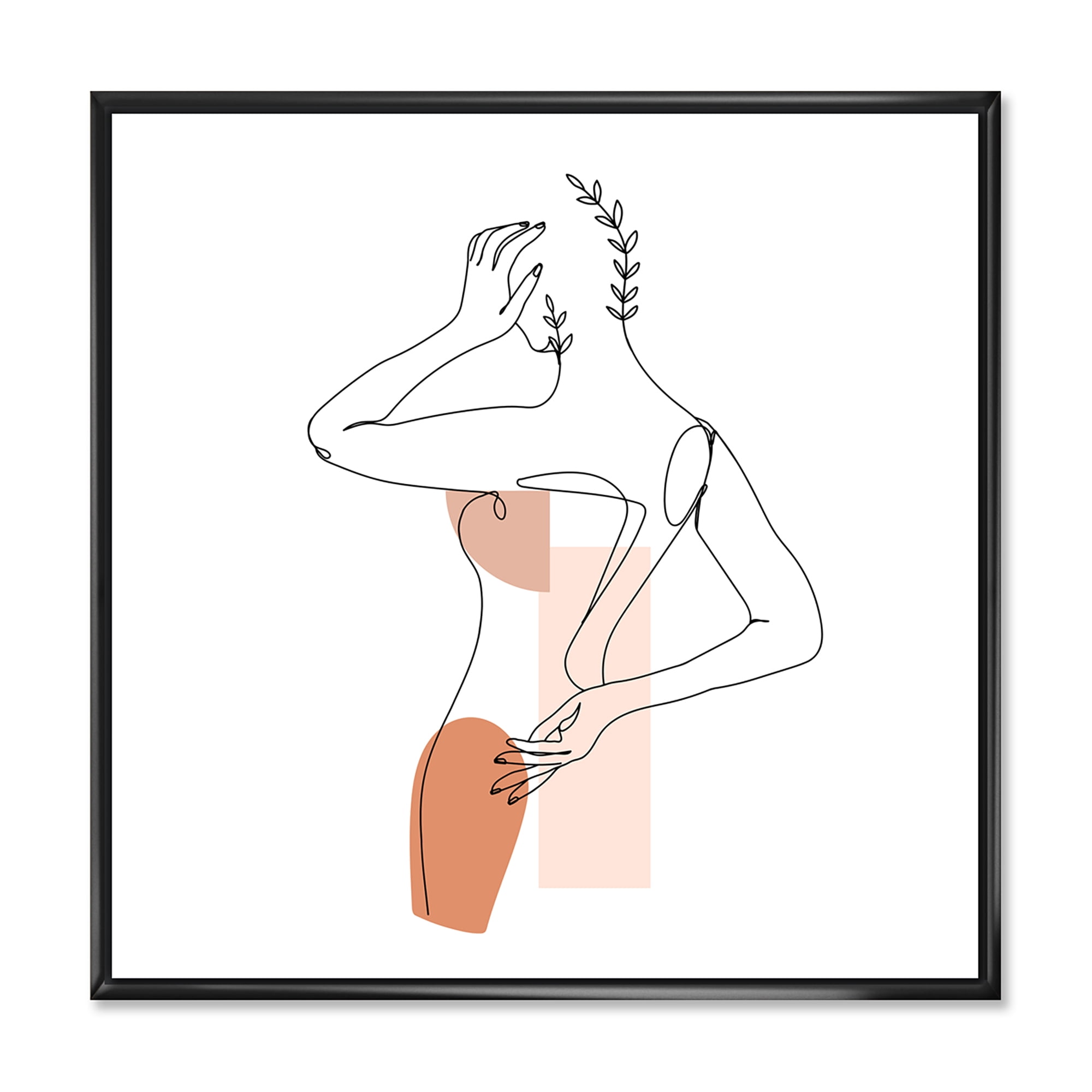 One Line Woman Portrait With Shapes and Leaves II 36 in x 36 in Framed Painting Canvas Art Print, by Designart