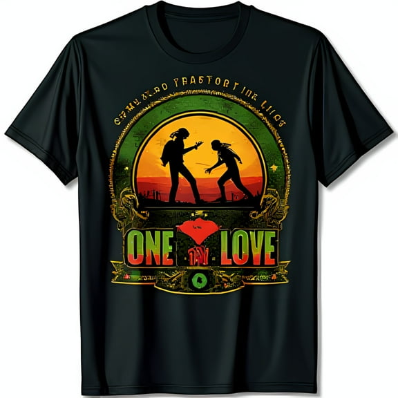 One Love Black T-Shirt with Red Heart Graphic & Vibrant Circular Design