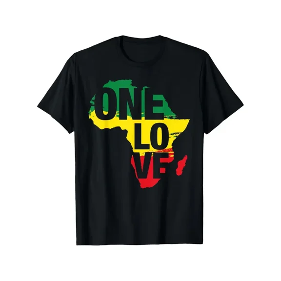 One Love Jamaican Rasta Reggae Graphic T-Shirt - 100% Cotton 180g Heavyweight Fabric, Relaxed Fit Unisex Streetwear with Africa Map & Color Block Design, Sizes 1XL-5XL, Black