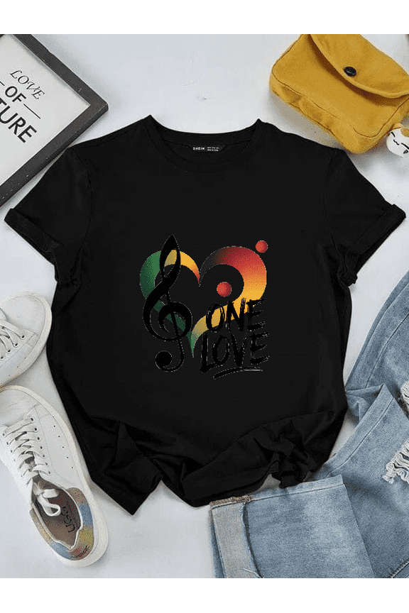 One Love Music Note Heart Graphic T-Shirt Retro Vintage Treble Clef Black Short Sleeve Tee Peace Unity Apparel for Men Women Adults