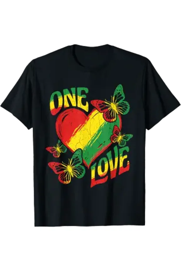 One Love Rasta Heart Red Yellow Green Reggae Butterfly Roots T-Shirt, Unisex T-Shirt